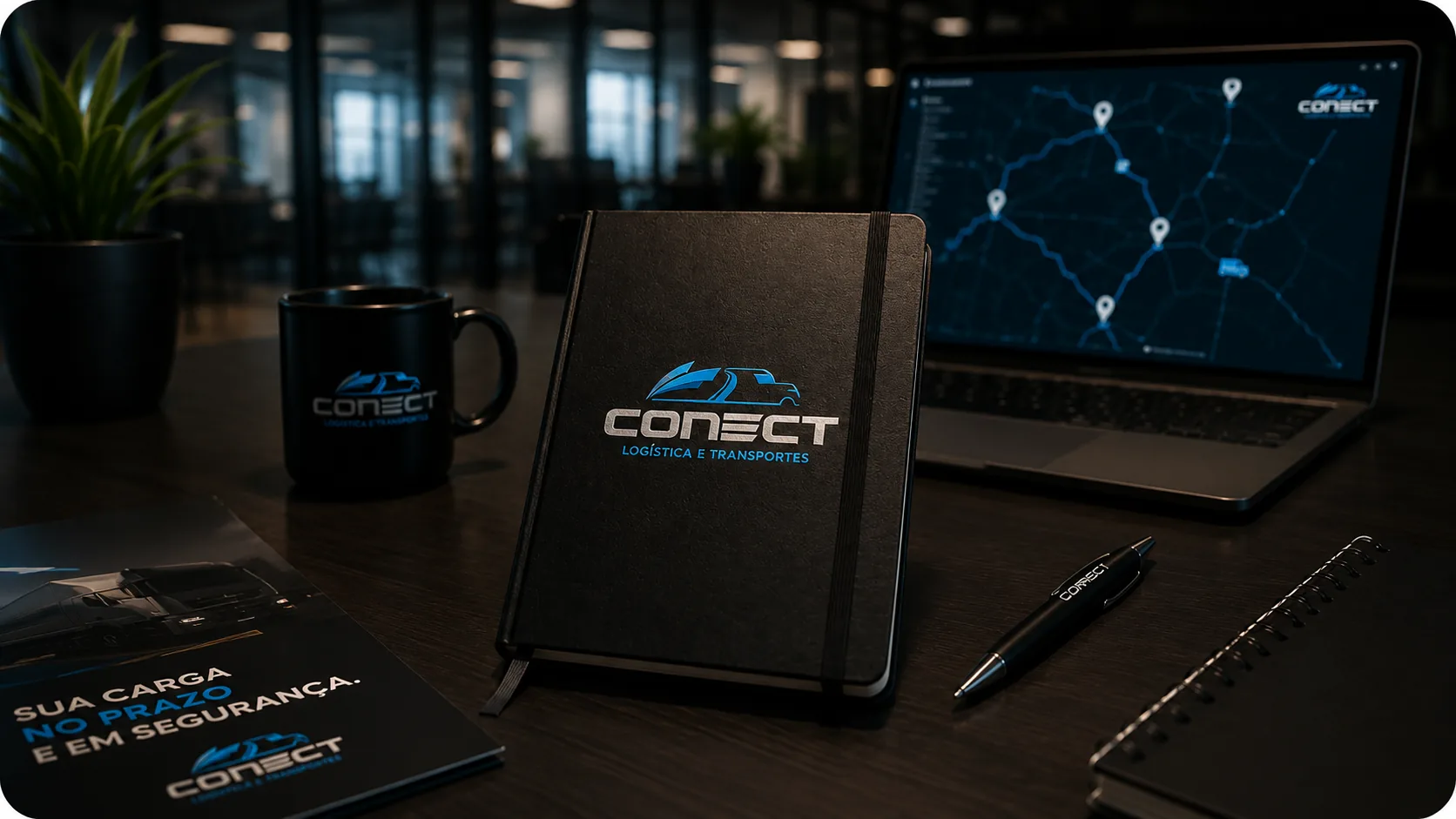 Ambiente corporativo da Conect Log com materiais institucionais e monitoramento logístico