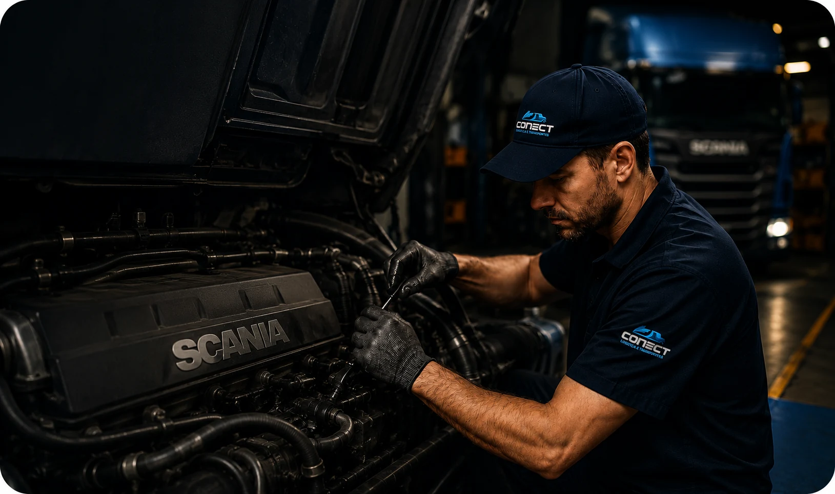 Mecânico da Conect Log realizando manutenção preventiva em caminhão Scania